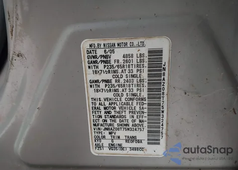2005 Nissan Murano Sl from USA, damaged, VIN JN8AZ08T75W324757